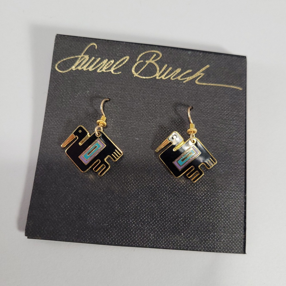 Laurel Burch Pelican Earrings Women Black Gold Enamel Vintage Drop Dangle